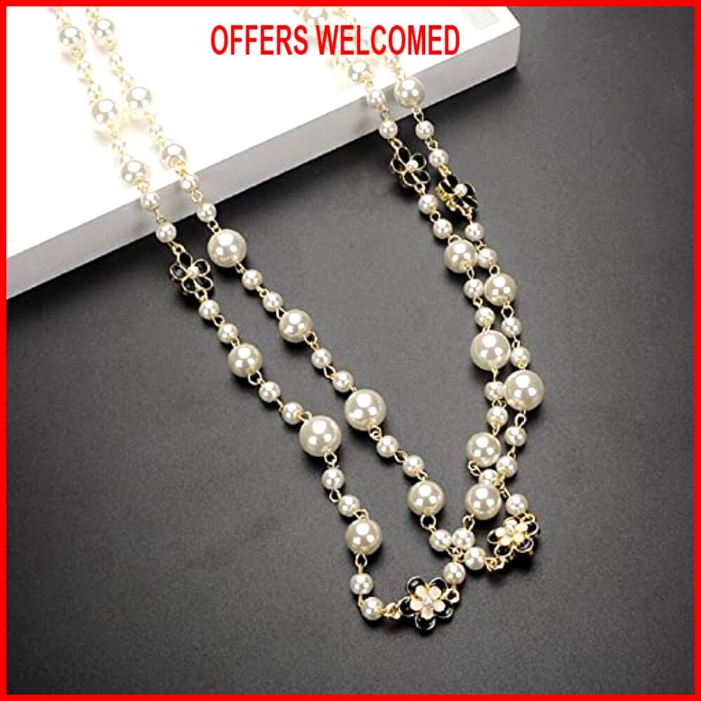 Long Layered Imitation Pearl Necklace with Clover Flower Charm, Adjustable - Picture 3 of 6